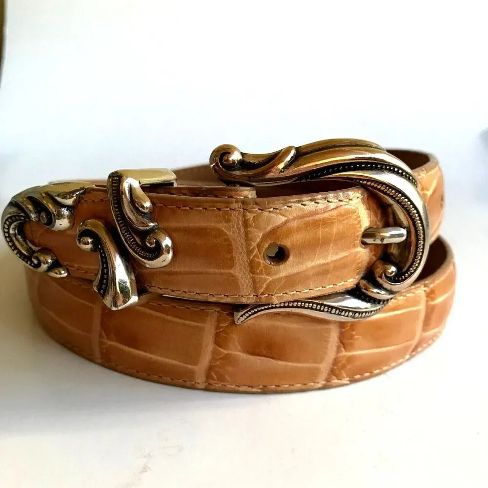 Vtg Coldwater Creek Croc Leather Western Belt Beige Tan Womens Size M L 32-36